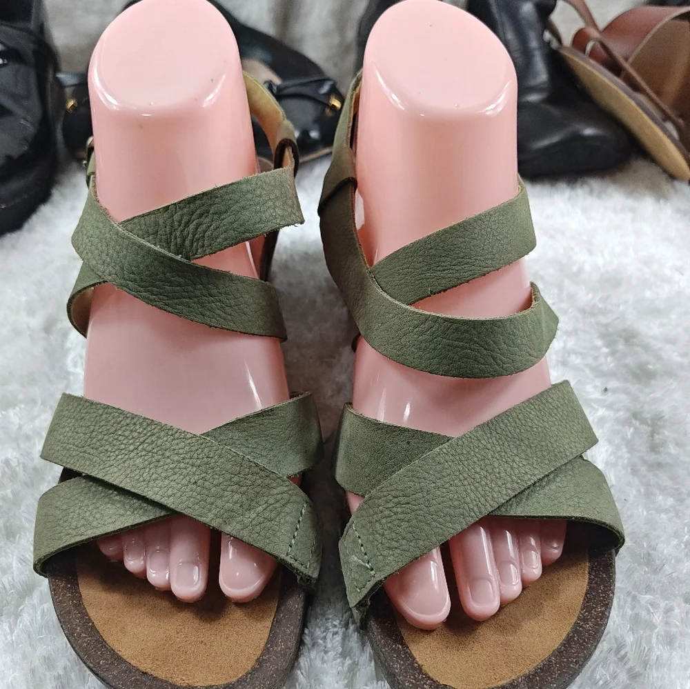 Teva Mahonia Wedge Sandals Bundles  Cross Strap Black/Green Leather Women Sz 8.5 - Picture 4 of 12